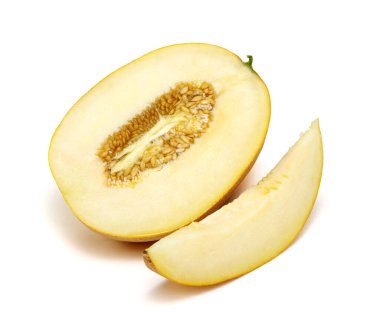 Beyaz arka planda izole edilmiş kavun dilimleri. Turuncu kavun kırpma yolu .