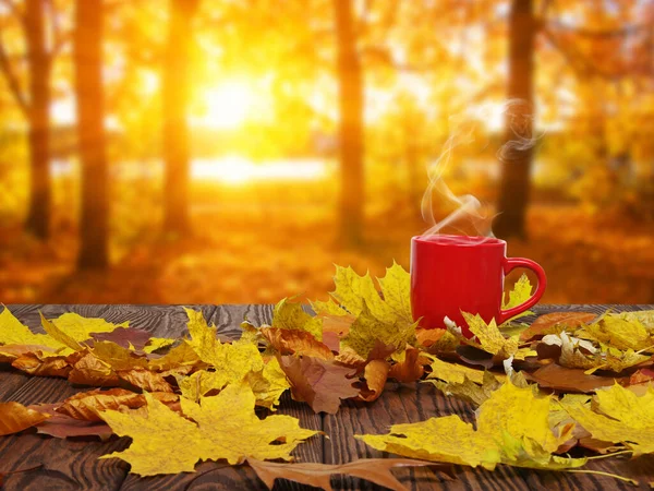 秋の葉やコーヒーの熱い蒸しカップ 太陽の光の背景に木製のテーブル 秋の時間概念 — ストック写真