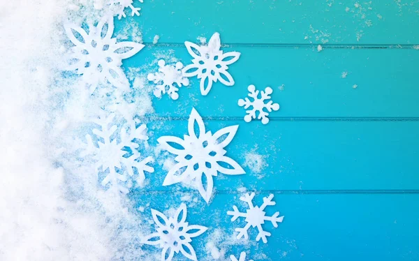 Winterpatroon Met Sneeuwvlokken Blauwe Houttextuur Met Sneeuw Kerst Achtergrond — Stockfoto