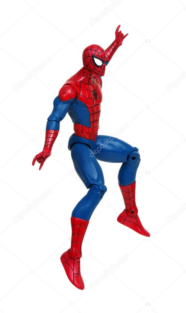 Vinnitsa, Ukraine- March 19, 2019: Spiderman toy isoleted on white background. Superhero by Marvel Comics. The Avengers studio shot.