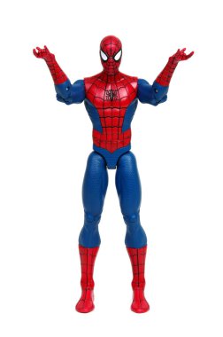 Vinnitsa, Ukrayna... 19 Mart 2019: Örümcek Adam oyuncağı beyaz arka planda. Marvel Comics 'in süper kahramanı. Yenilmezler stüdyosu.