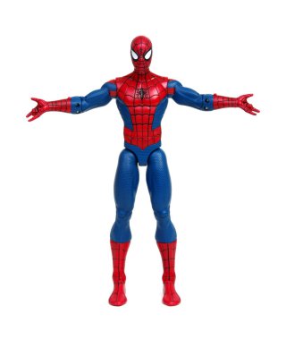 Vinnitsa, Ukrayna... 19 Mart 2019: Örümcek Adam oyuncağı beyaz arka planda. Marvel Comics 'in süper kahramanı. Yenilmezler stüdyosu.