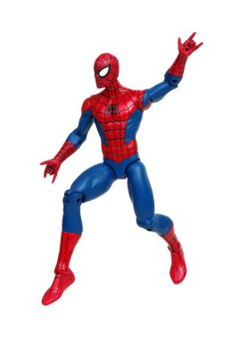 Vinnitsa, Ukrayna... 19 Mart 2019: Örümcek Adam oyuncağı beyaz arka planda. Marvel Comics 'in süper kahramanı. Yenilmezler stüdyosu.