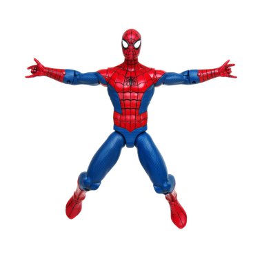 Vinnitsa, Ukrayna... 19 Mart 2019: Örümcek Adam oyuncağı beyaz arka planda. Marvel Comics 'in süper kahramanı. Yenilmezler stüdyosu.
