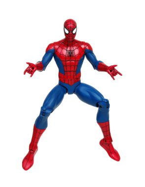 Vinnitsa, Ukrayna... 19 Mart 2019: Örümcek Adam oyuncağı beyaz arka planda. Marvel Comics 'in süper kahramanı. Yenilmezler stüdyosu.