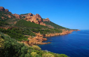 Denizin taşlı manzarası. Koyda berrak mavi su.