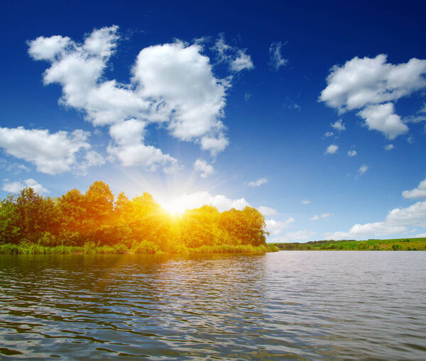 Lake water, shore and sun.