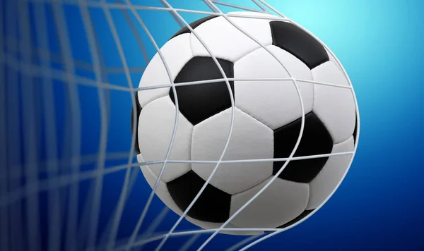 青を背景にしたゴールのサッカーボール — ストック写真