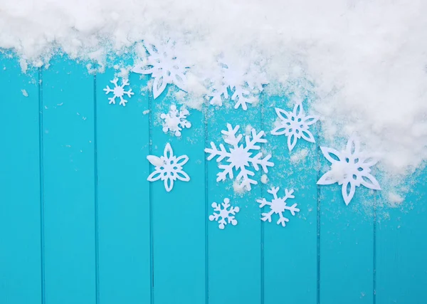 Padrão Inverno Com Flocos Neve Textura Madeira Azul Com Neve — Fotografia de Stock