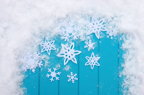 Padrão Inverno Com Flocos Neve Textura Madeira Azul Com Neve — Fotografia de Stock