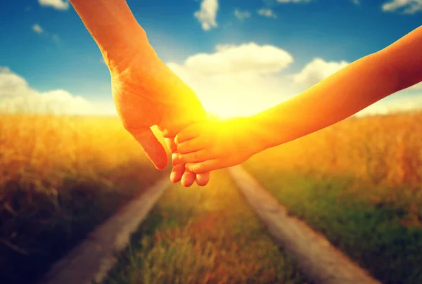 Руки Тримають Один Одного Полі Дорозі Сонці — стокове фото