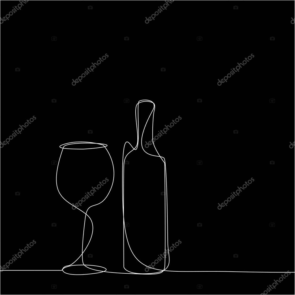 Vector linear black illustration of wine bottle and glass.