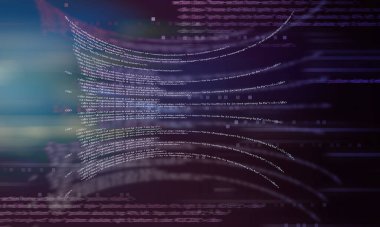 Karanlık bir arkaplanda parlayan dijital kod.