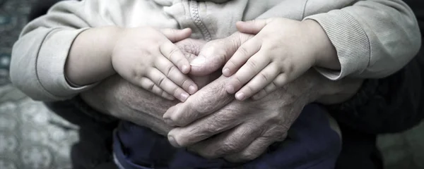 Velha Mão Segurando Jovens Mãos Dadas — Fotografia de Stock