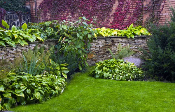 Grüner Rasen Einem Farbenfrohen Formalen Garten Detail Eines Botanischen Gartens — Stockfoto