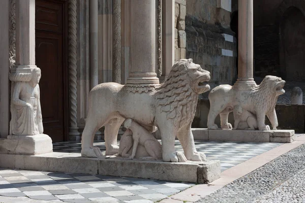 Leões que apoiam o alpendre das colunas, cidade alta de Bergamo, Itália — Fotografia de Stock