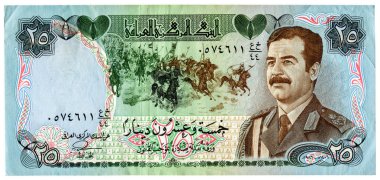 Vintage Irak banknot beyaz arka plan üzerinde izole Saddam Hüseyin'in portre ile