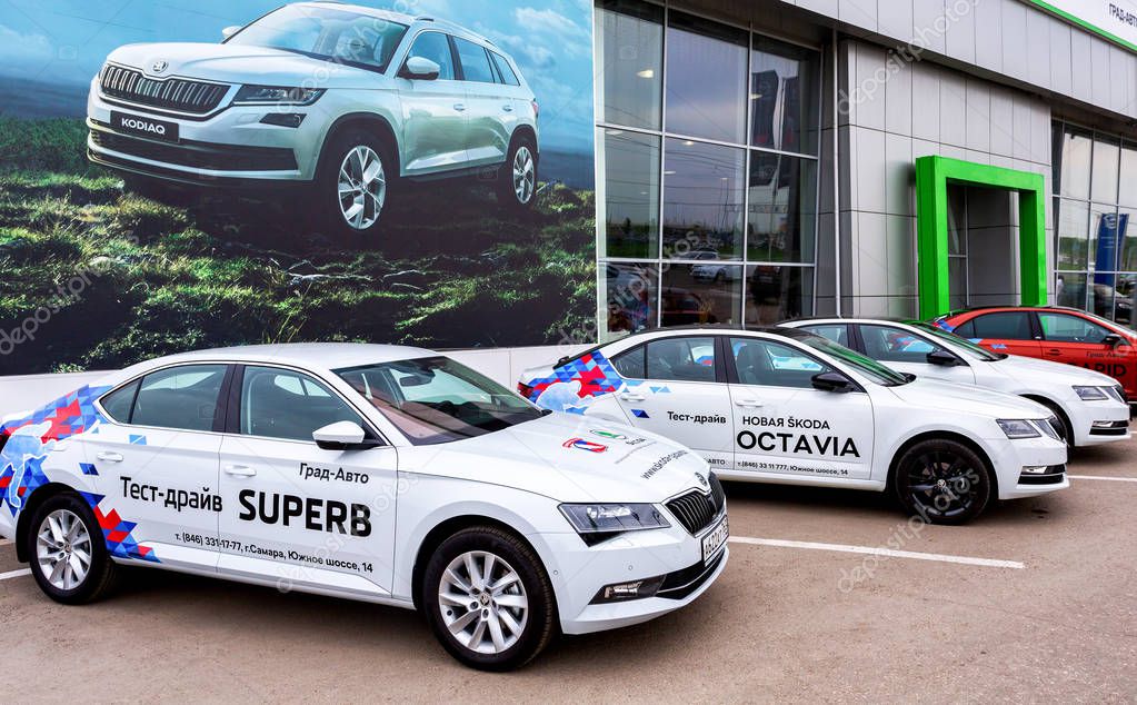 Samara, Russia - May 19, 2018: New cars Skoda near the office of official dealer. Skoda Auto is an automobile manufacturer based in the Czech Republic