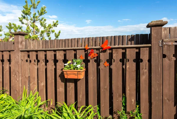 Maceta Con Flores Decorativas Colgando Valla Madera Pueblo —  Fotos de Stock