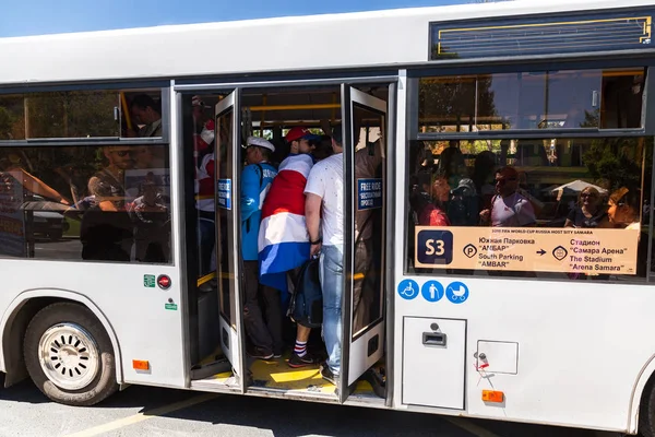 Samara Russia June 2018 Shuttle Bus Football Fans City Street — Stock Photo, Image