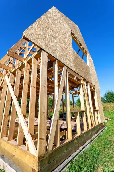 Bau Eines Neuen Holzhauses Dorf Bei Sommerlichem Sonnenschein — Stockfoto