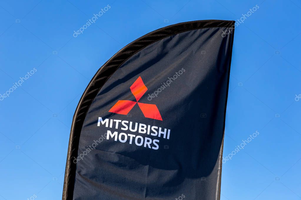 Samara, Russia - September 23, 2018: Official dealership sign Mitsubishi against a blue sky
