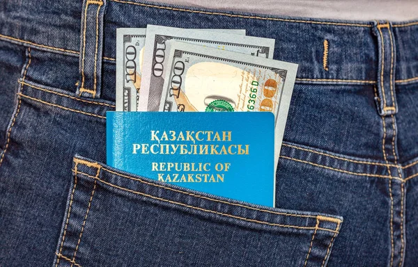 Kazakhstan Passport Dollar Banknotes Back Jeans Pocket Money Travel Shopping — Stock Photo, Image