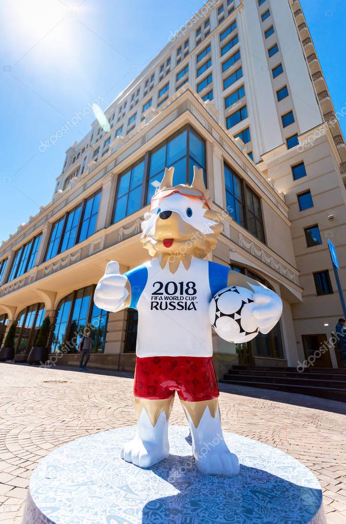 Samara, Russia - June 23, 2018: Wolf Zabivaka, official mascot of FIFA World Cup 2018 near the Lotte Hotel Samara in sunny day