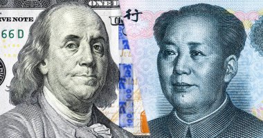 Benjamin Franklin Mao Zedong karşı portresi. Bize Çin, doları vs yuan vs ekonomik mücadele kavramı
