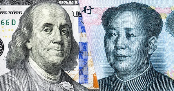 本杰明 富兰克林反对毛泽东的肖像 我们对中国 美元对人民币经济斗争的概念 — 图库照片