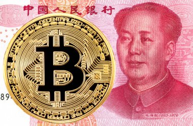 Cryptocurrency Çin 100 yuan banknot üzerinde yalan Bitcoin. Yeni sanal para iş kavramı