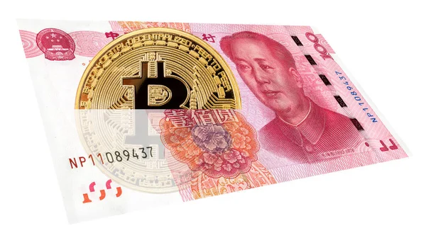 Criptomoeda Bitcoin Notas Chinesas 100 Yuans Conceito Negócio Novo Dinheiro — Fotografia de Stock
