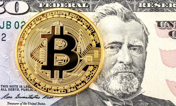 Bitcoin Nota Dólares Americanos Conceito Negócio Criptomoeda Mundial — Fotografia de Stock