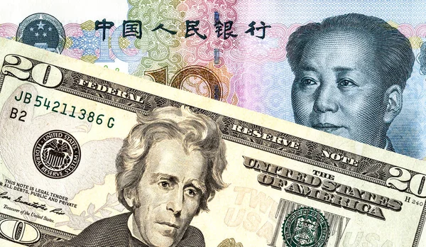 Billete Yuan Chino Dólar Americano Concepto Guerra Comercial Barrera Fiscal — Foto de Stock