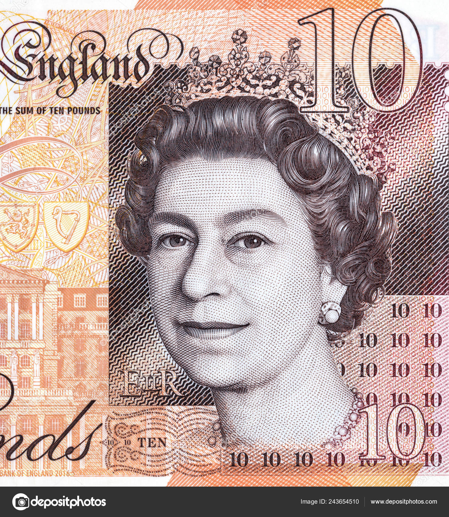 英国女王伊丽莎白伊伊的肖像来自英国10磅的钞票银行详细信息—— 库存社论照片© blinow61 #243654510