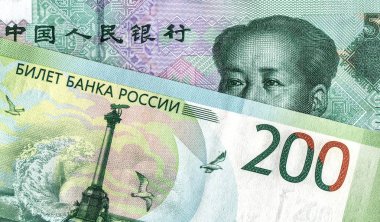 Çin yuan banknot ve Rus Rublesi. Kavram Ticaret ve işbirliği