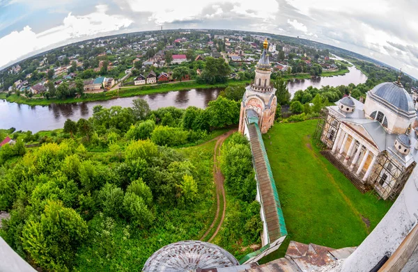 Vista Panorámica Fisheye Desde Campanario Del Monasterio Borisoglebsky Torzhok Rusia — Foto de Stock