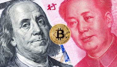 Bitcoin ve Benjamin Franklin Mao Zedong karşı portreleri. Dünya çapında dijital para ve ticaret savaş iş kavramı