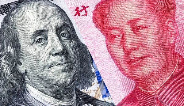 Portrait Benjamin Franklin Mao Zedong 100 Dollars 100 Chinese Yuan — Stock Photo, Image