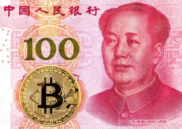 Criptomoeda Bitcoin Deitado Nota Chinesa 100 Yuans Conceito Negócio Dinheiro — Fotografia de Stock