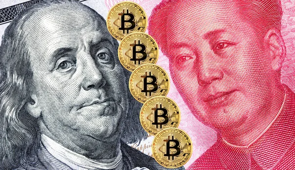 Bitcoin Retratos Benjamin Franklin Contra Mao Zedong Conceito Negócio Dinheiro — Fotografia de Stock