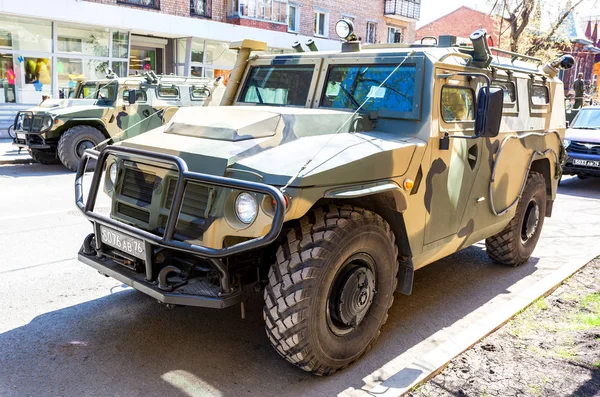 Samara, Russia - May 5, 2018: High-mobility vehicles GAZ-2330 Tigr is a Russian 4x4, multipurpose, all-terrain infantry mobility vehicle in camouflage colors