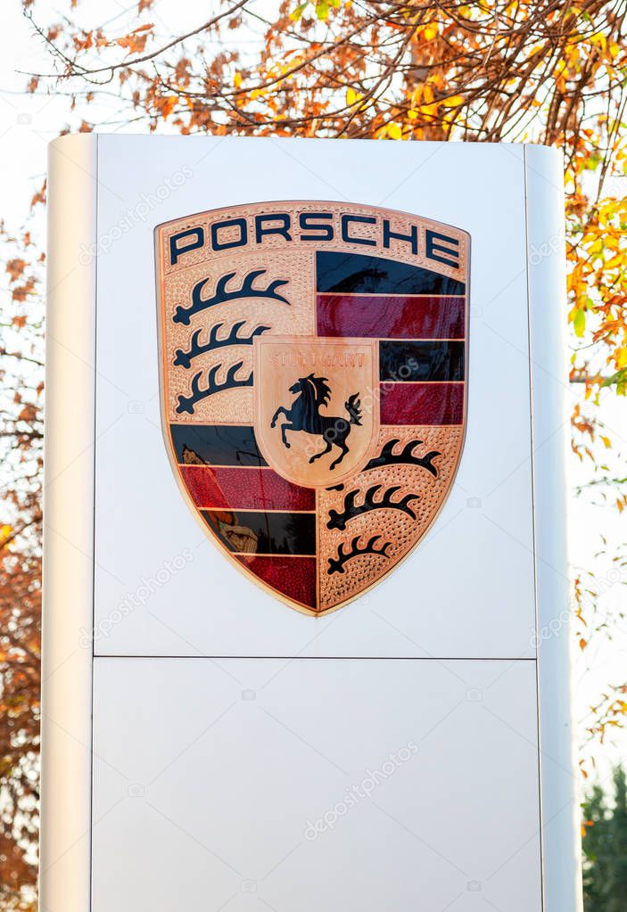 Samara, Russia - September 26, 2015: Official dealership sign Porsche automobile logo