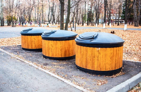 Recipientes de plástico de basura para residuos y basura en el par de otoño —  Fotos de Stock