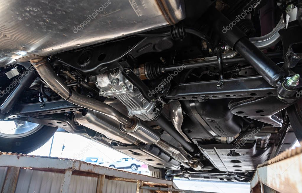 Samara, Russia - April 20, 2019: View from the bottom of the Nissan X-Trail vehicle