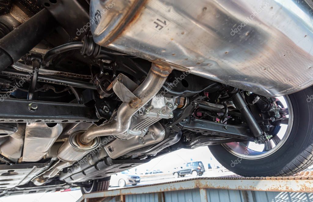Samara, Russia - April 20, 2019: View from the bottom of the Nissan X-Trail vehicle