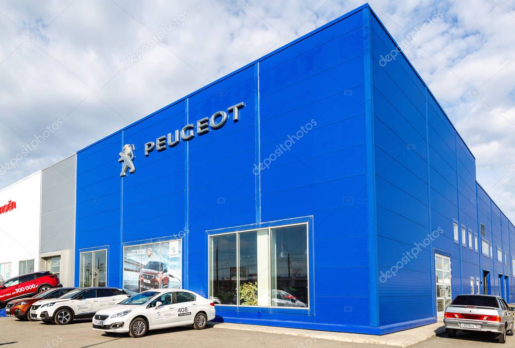 Samara, Russia - May 19, 2018: Office of official dealer Peugeot company. Peugeot is a French car brand, automotive manufacturer