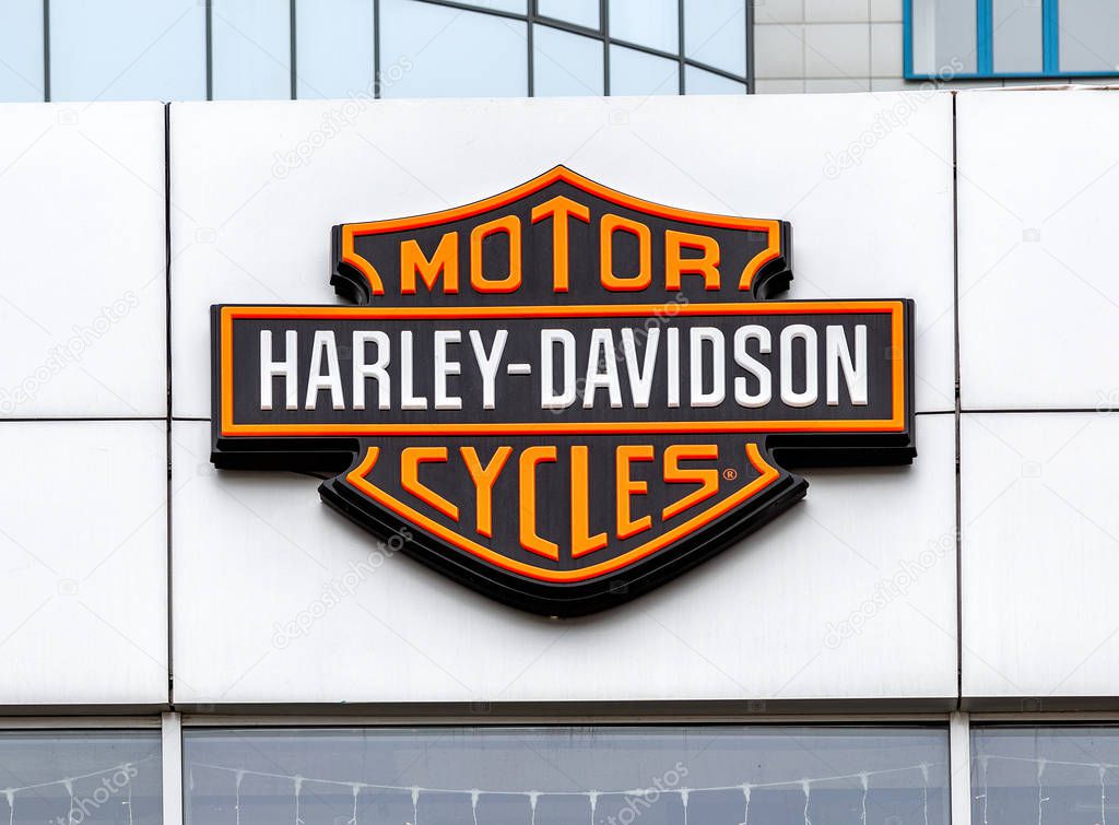 Samara, Russia - May 3, 2019: Logo of Harley-Davidson Inc. is an American motorcycle manufacturer. Harley Davidson brand is famous among bikers around the world