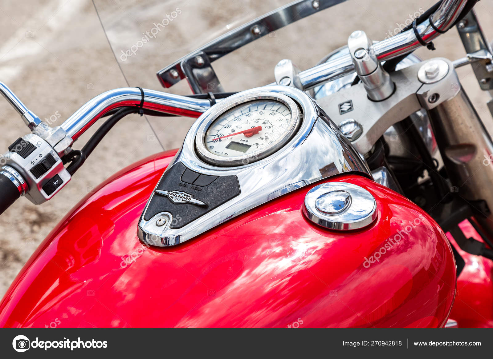 Speedometer and fuel tank of a motorcycle Stock Editorial Photo © blinow61 270942818