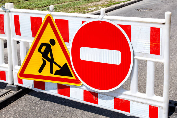 Road works traffic sign at the city street